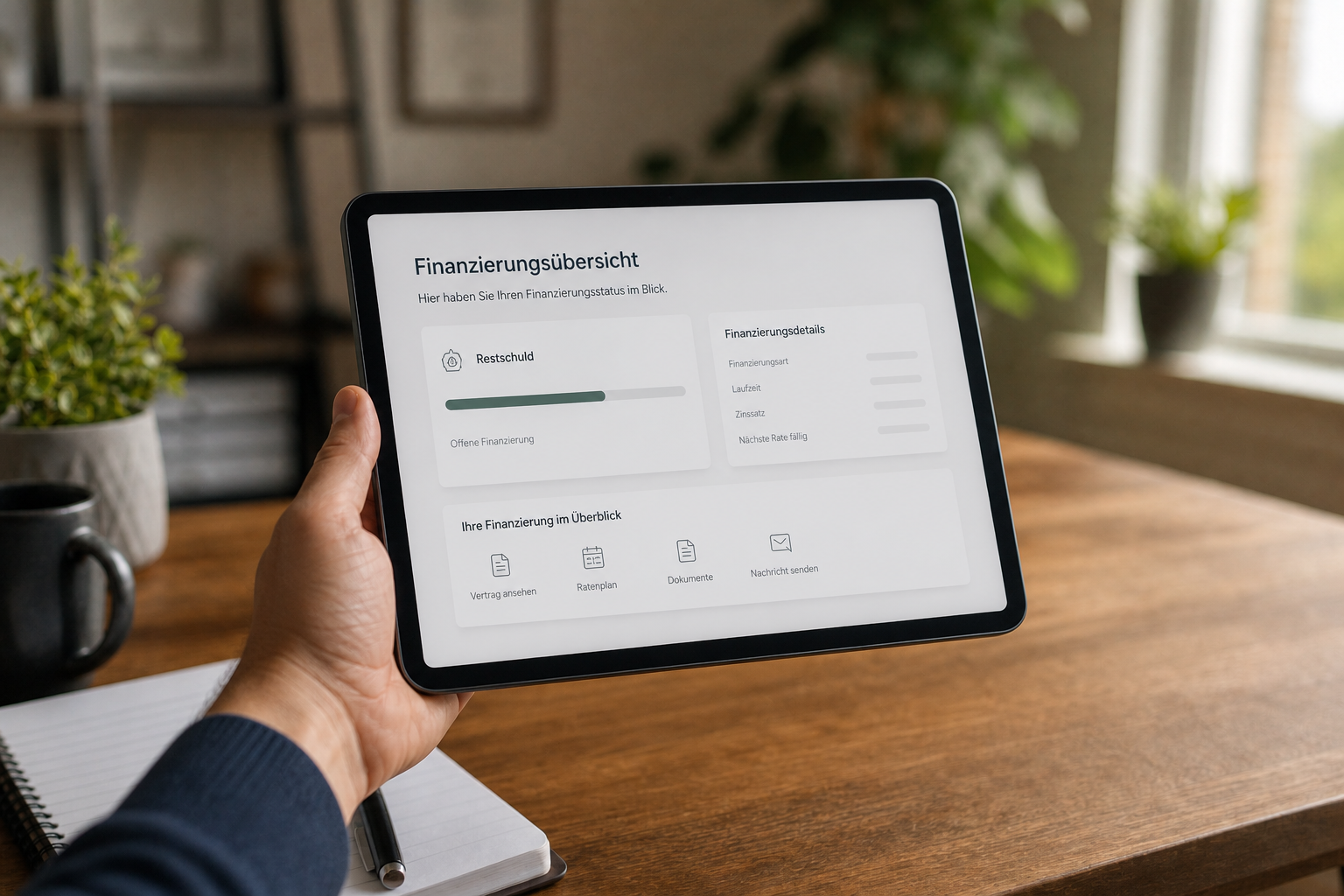 Eine Hand hält ein Tablet mit einer Übersicht zu Restschuld und Tilgungsfortschritt.