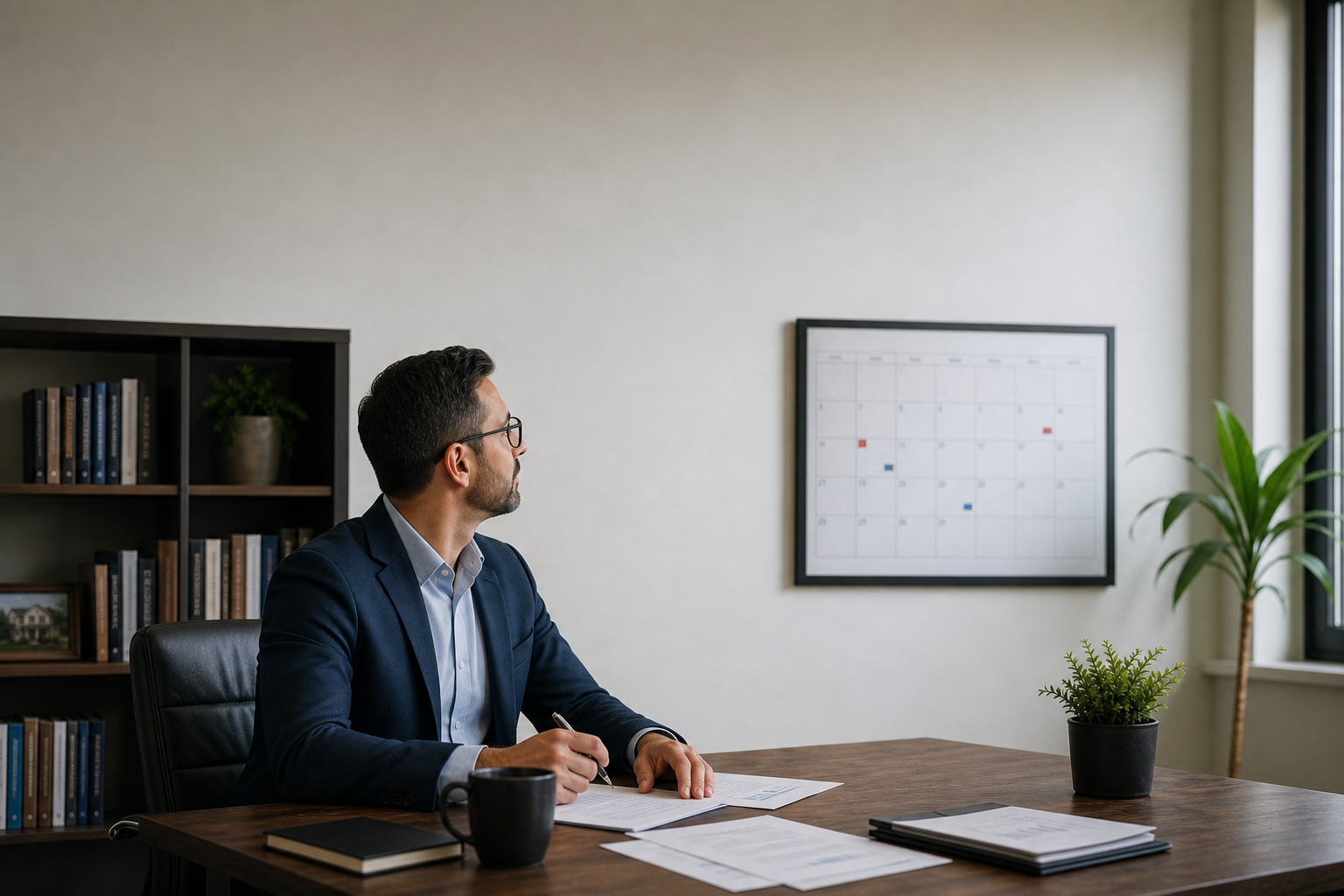 Person an einer Homeoffice-Schreibtischecke schaut auf einen Wandkalender mit markierten Terminen.