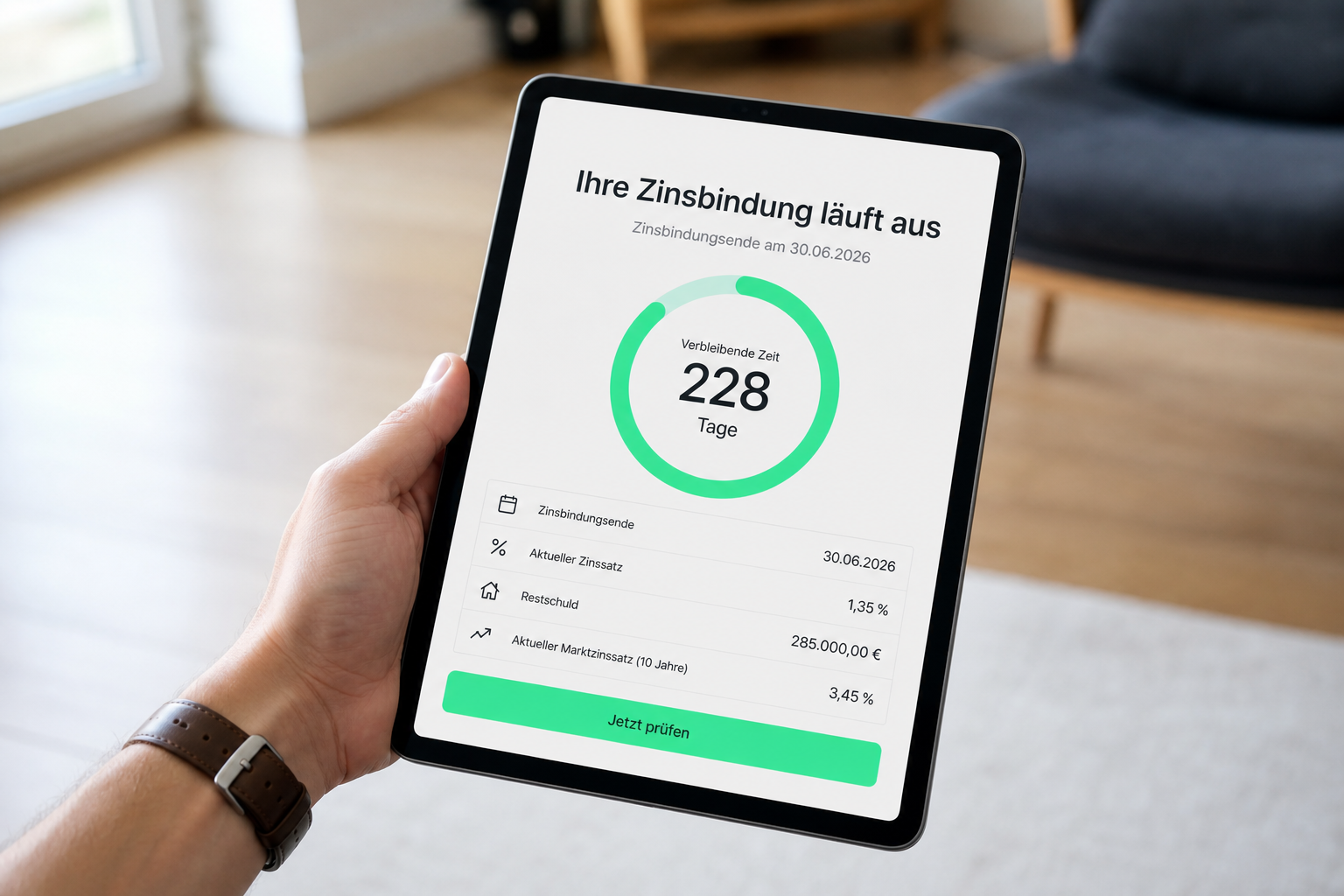 Nahaufnahme eines Tablets in der Hand mit einer App-Ansicht, die das Auslaufen der Zinsbindung als Countdown anzeigt