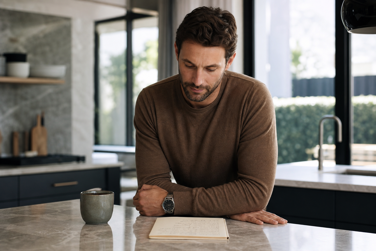 Mann um die 35 steht in einer hellen Küche mit Kaffeetasse und Notizzettel und plant seine Baufinanzierung.