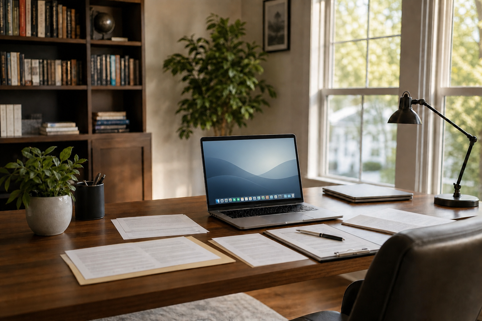 Schreibtisch in einem Zimmer mit Finanzierungsunterlagen und Laptop