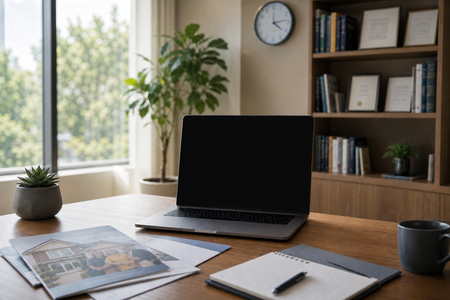 Schreibtisch in Wohnung mit Finanzierungsunterlagen sowie Laptop für die weitere Recherche auf dem Tisch