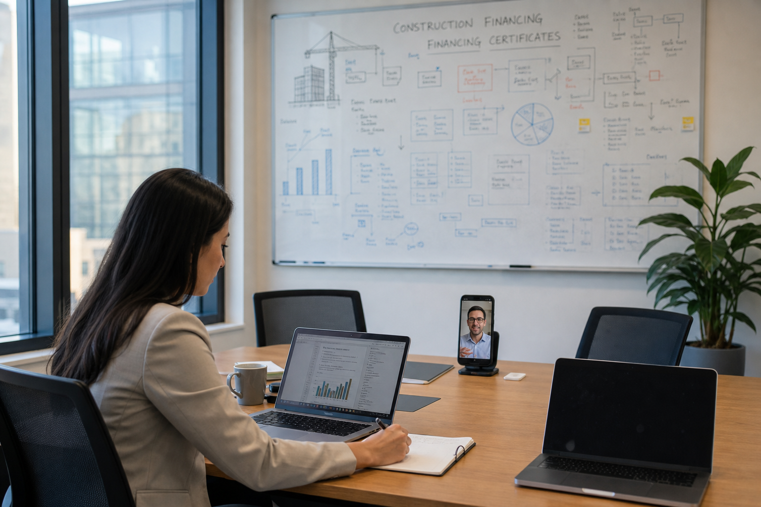 Büroraum mit Whiteboard, Frau führt Videocall durch und berät zu Zinsthemen