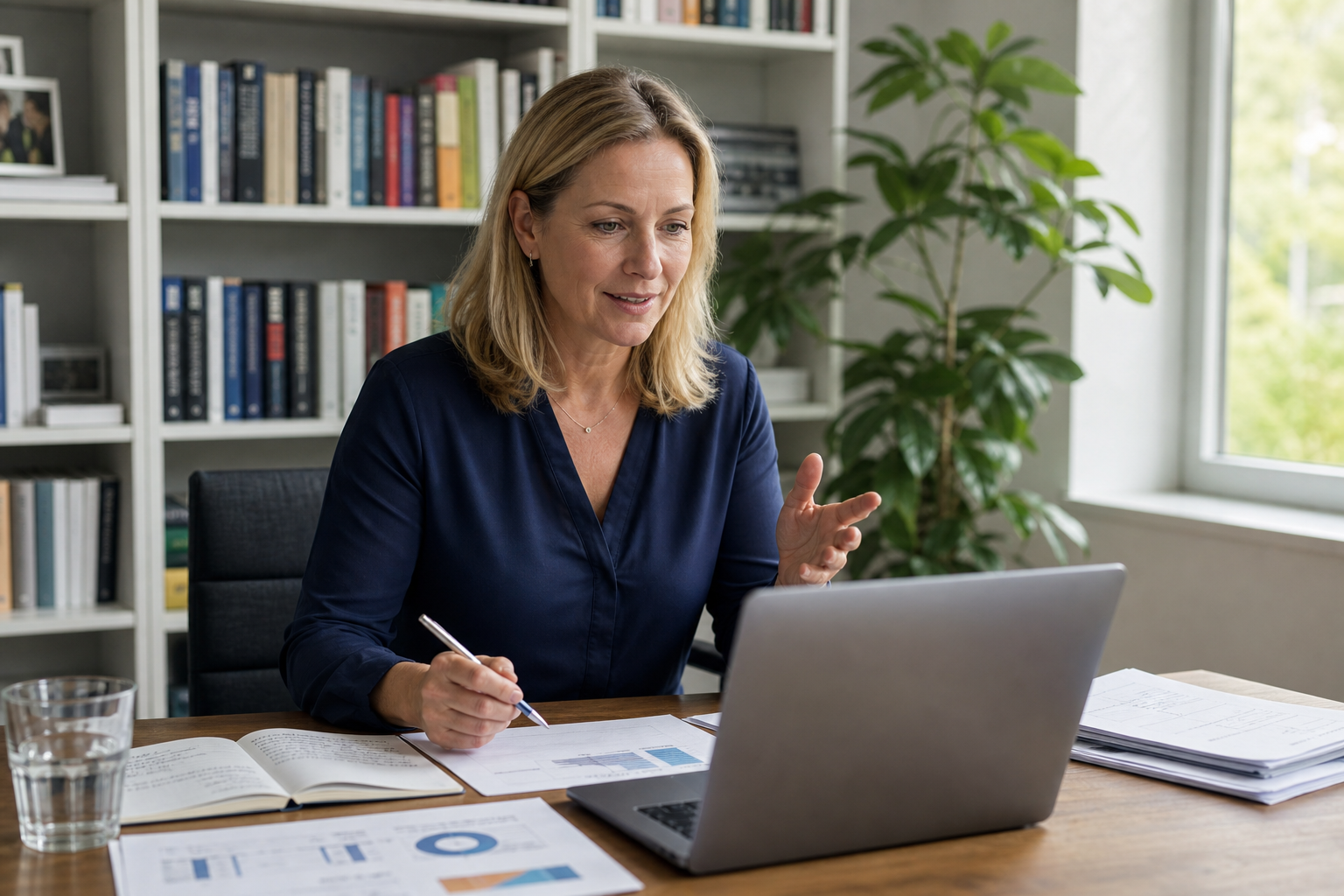 Frau in Bürosituation, die eine Online-Besprechung durchführt und umfangreich alles rund um Anschlussfinanzierung erklärt