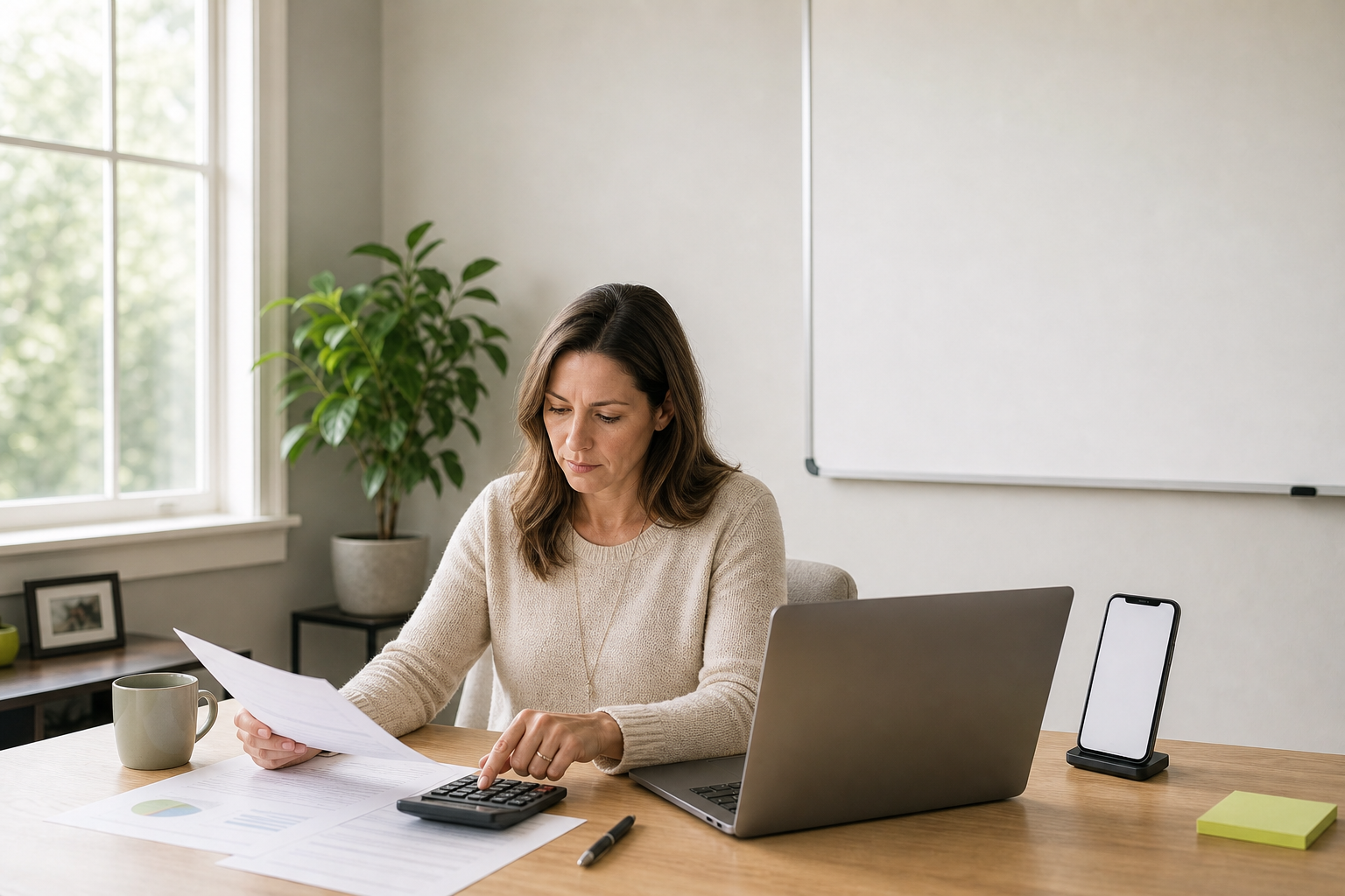Frau am Homeoffice-Schreibtisch prüft mit Taschenrechner und Unterlagen, wie viel Baufinanzierung sie sich leisten kann.